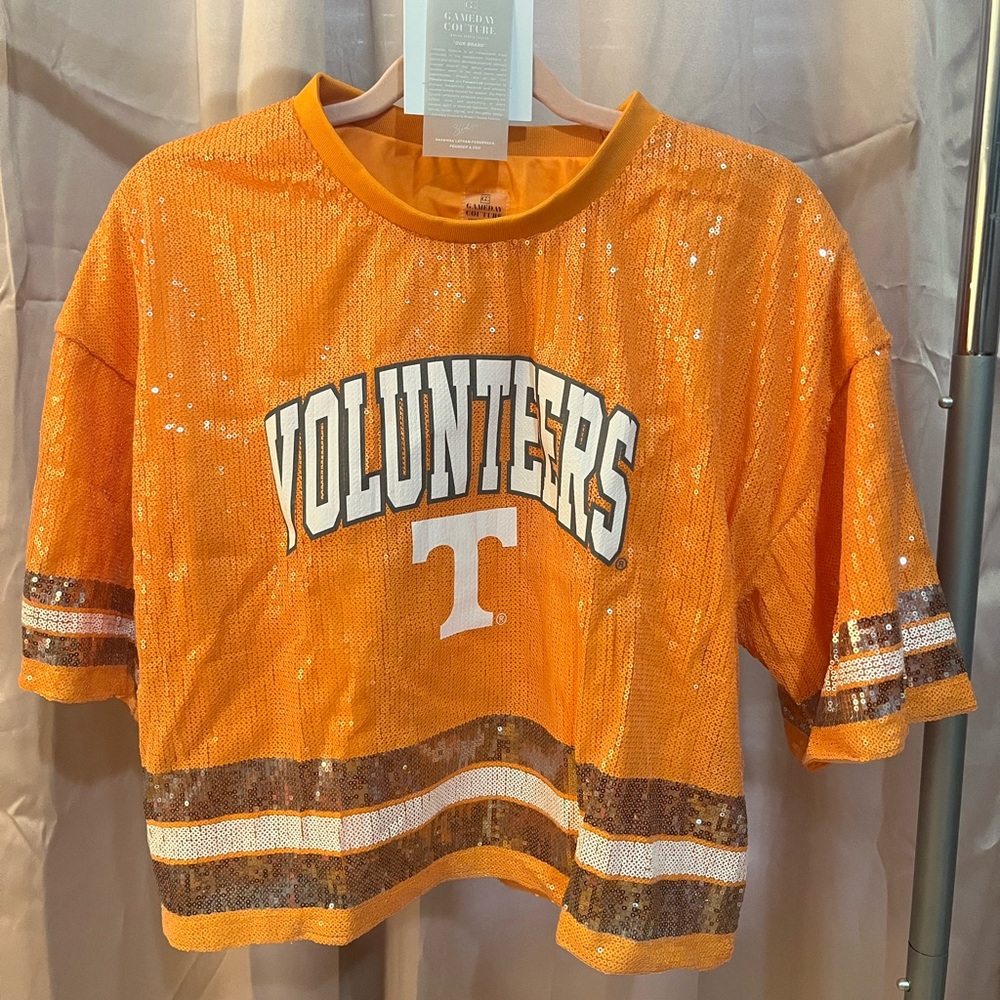 University Tennessee Volunteers Sequin Sparkle Sports Striped Cropped Jersey M